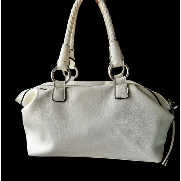 Guess White Leather Perforated Satchel Handbag With Braided Handle 6 tall 10” L - Picture 2 of 16